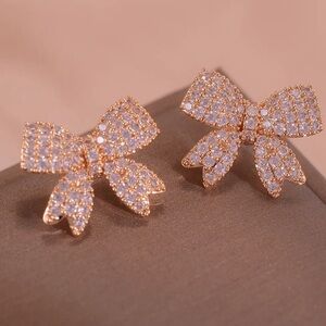 Gold Crystal Bow Stud Earrings Pavé Bow Design Elegant Glam NWT
